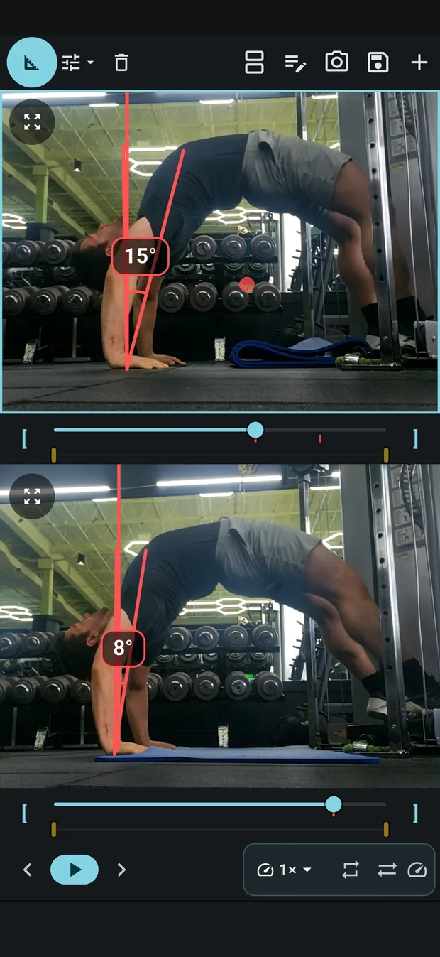 Two takes of the same bridge stacked in InForm's compare view, one measuring 15 degrees and the other 8.